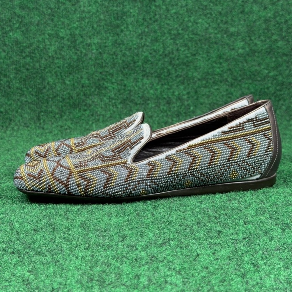 Donald J Pliner Aryn Beaded Loafers Blue Gold Geometric Flats Womens 6 M Italy - Picture 3 of 9